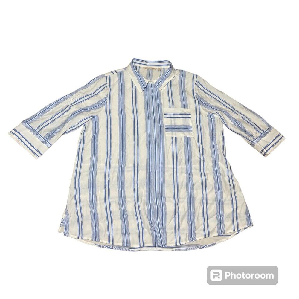 Soft Surroundings Top Size Petite Large Long Sleeved Blue White Shirt Stripe